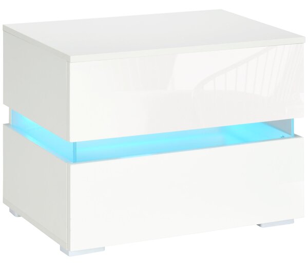 Comodino 2 Cassetti 60x39x47 cm con LED in Truciolato Bianco