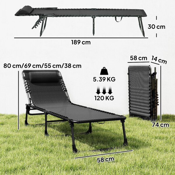 Outsunny Lettino Prendisole in Acciaio e Tessuto Traspirante con Schienale Reclinabile, 197x58x26 cm, Nero|Aosom