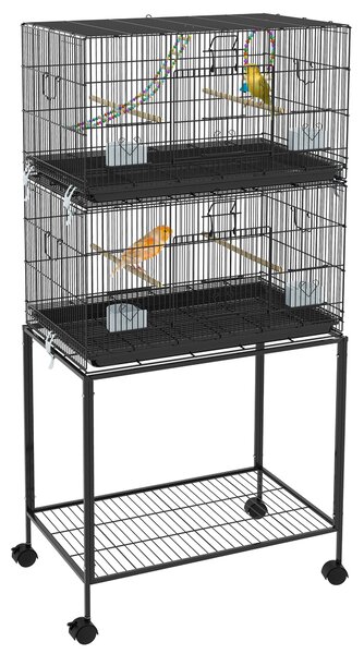 Doppia Voliera 2 Gabbie per Uccelli Impilati 77x46x164 cm in Acciaio con Ruote Nero