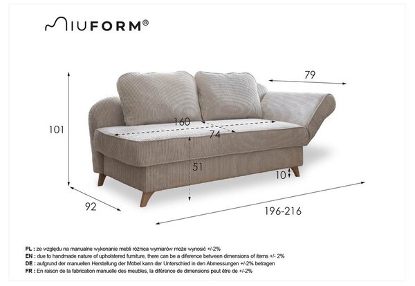 Chaise longue color antracite (con penisola a destra) con rivestimento in velluto a coste Chic Charlotte – Miuform
