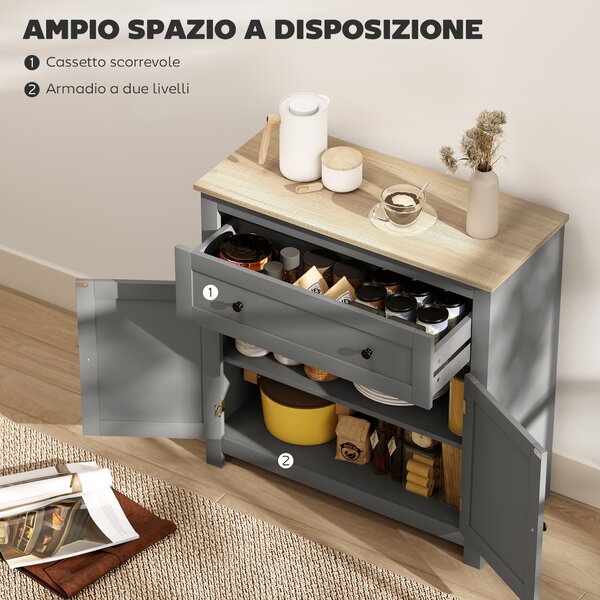 HOMCOM Credenza Cucina con Cassetto e Armadietto, Mobile contenitore con Ripiano Regolabile, in Legno, 78.5x35x80 cm, Multicolore | Aosom Italy