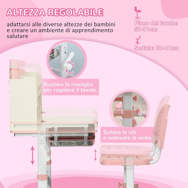 HOMCOM Set Scrivania e Sedia per Bambini da 3 Anni Regolabile, Tavolo Inclinabile a 60° con Cassetto e Ripiani, Rosa | Aosom Italy