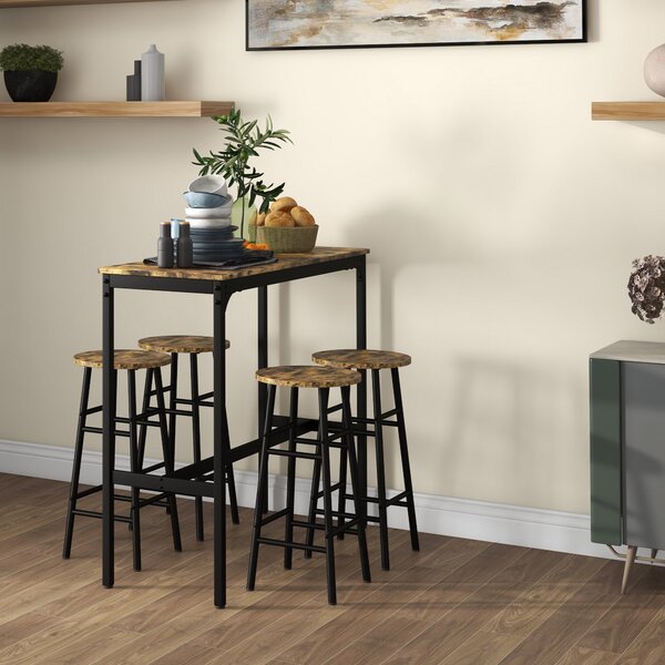 Set Tavolo Alto Rettangolare con Sgabelli in MDF e Acciaio Nero e Marrone