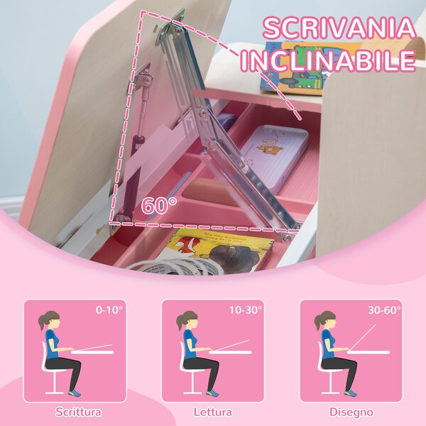 HOMCOM Set Scrivania e Sedia per Bambini da 3 Anni Regolabile, Tavolo Inclinabile a 60° con Cassetto e Ripiani, Rosa | Aosom Italy