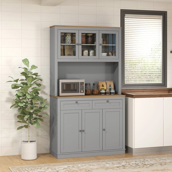 HOMCOM Armadio Dispensa da Cucina con 3 Porte in Vetro Compartimento Aperto 2 Cassetti e Scaffali Regolabili 100x40x180 cm Grigio | Aosom Italy