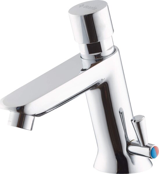 Timed washbasin mixer with temperature control - without closing the drain