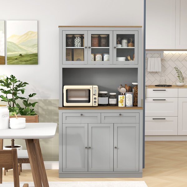 HOMCOM Armadio Dispensa da Cucina con 3 Porte in Vetro Compartimento Aperto 2 Cassetti e Scaffali Regolabili 100x40x180 cm Grigio | Aosom Italy