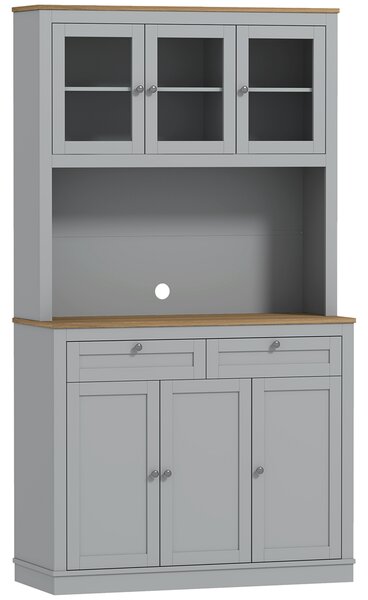 HOMCOM Armadio Dispensa da Cucina con 3 Porte in Vetro Compartimento Aperto 2 Cassetti e Scaffali Regolabili 100x40x180 cm Grigio | Aosom Italy