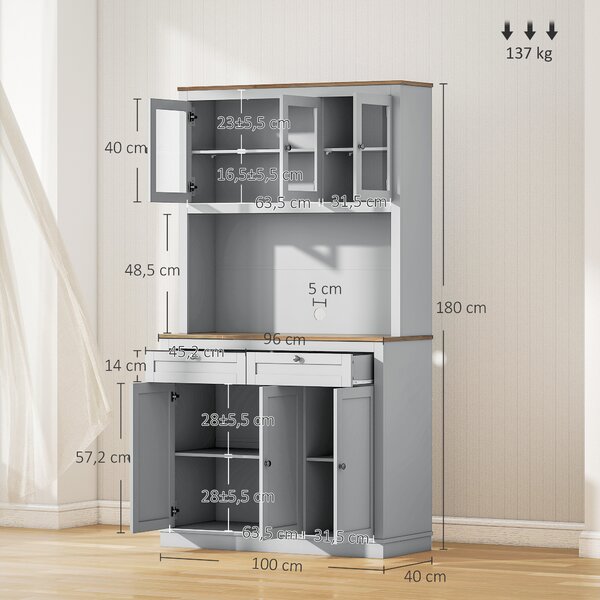 HOMCOM Armadio Dispensa da Cucina con 3 Porte in Vetro Compartimento Aperto 2 Cassetti e Scaffali Regolabili 100x40x180 cm Grigio | Aosom Italy