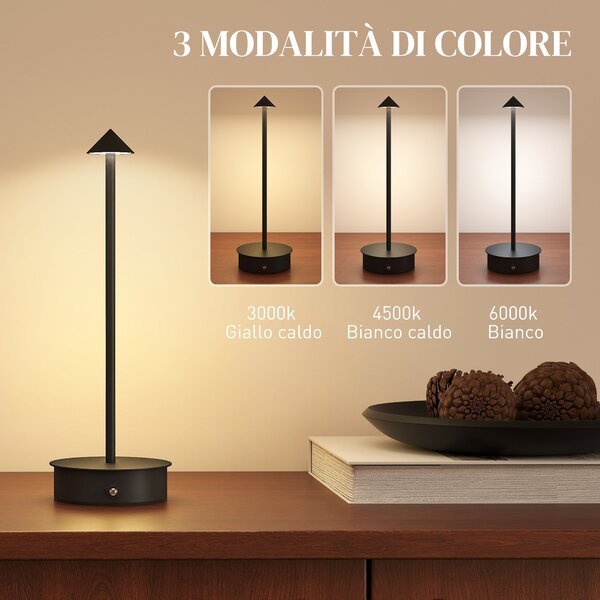 HOMCOM Lampada da Tavolo Touch Ricaricabile con USB, Regolabile 3000K/4500K/6500K, Autonomia 4-8 Ore, Nero | Aosom Italy