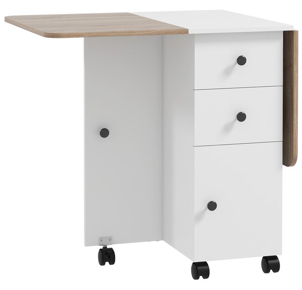 Tavolo Salvaspazio Pieghevole a Ribalta con 2 Cassetti e Armadietto 120x60x76,5 cm in Legno Bianco e Rovere