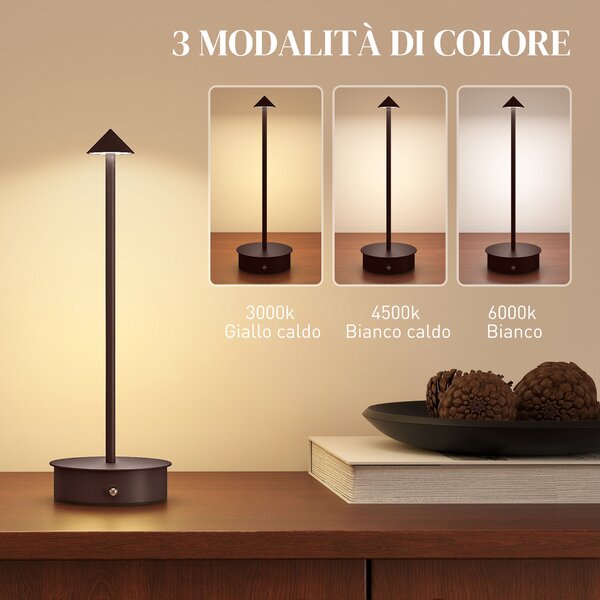 HOMCOM Lampada da Tavolo Touch Ricaricabile con USB, Regolabile 3000K/4500K/6500K, Autonomia 4-8 Ore, Caffè | Aosom Italy