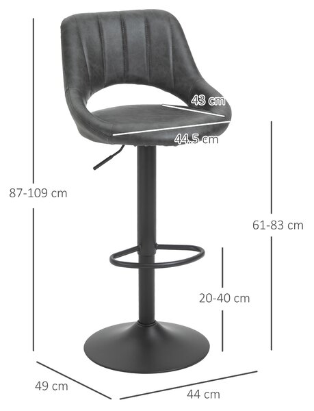 HOMCOM Set di 2 sgabelli alti da Bar con Altezza Regolabile e Poggiapiedi, in Similpelle e Metallo, 44x49x90-110cm Grigio | Aosom Italy