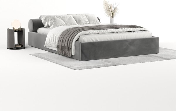 Letto matrimoniale imbottito grigio scuro con contenitore e rete inclusi 160x200 cm Solvo – Maison de Rêve