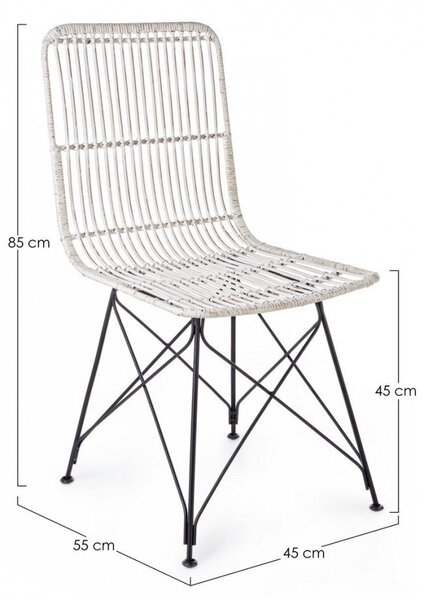 Set 4 Sedie 45x55x85 cm Metal Rattan in Fibre Naturali Bianco