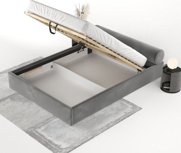 Letto matrimoniale imbottito grigio scuro con contenitore e rete inclusi 160x200 cm Solvo – Maison de Rêve