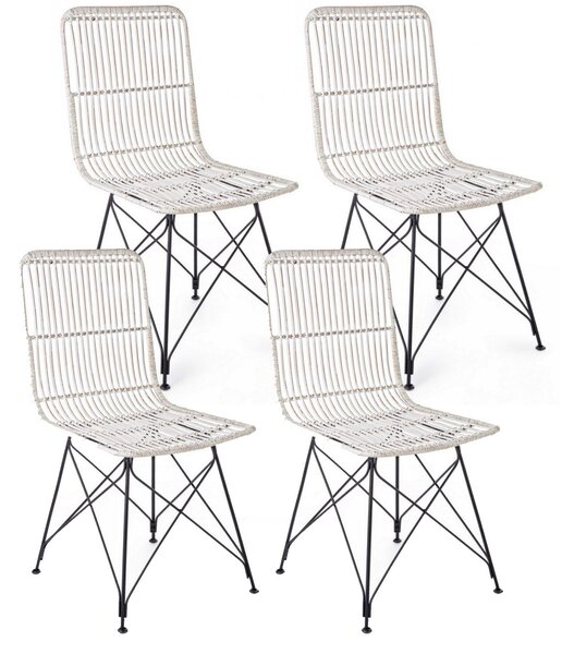 Set 4 Sedie 45x55x85 cm Metal Rattan in Fibre Naturali Bianco