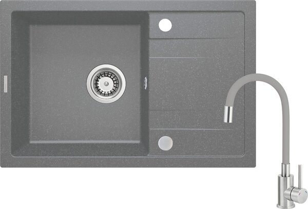 Lavello in granito grigio a 1 vasca con miscelatore e sgocciolatoio - granito opaco, reversibile, di facile installazione, antibatterico, per mobili da 500 mm e oltre
