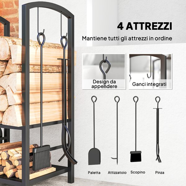 Outsunny Potalegna per Camino in Acciaio, Scaffale per legna da ardere con Set Attrezzi, con Paletta, Scopa, Attizzatoio e Pinza, Nero | Aosom Italy