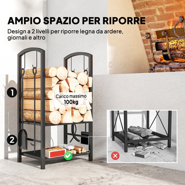 Outsunny Potalegna per Camino in Acciaio, Scaffale per legna da ardere con Set Attrezzi, con Paletta, Scopa, Attizzatoio e Pinza, Nero | Aosom Italy