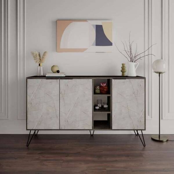 Madia 3 Ante 142x35,5x83 cm in MDF Clara Effetto Marmo Bianco