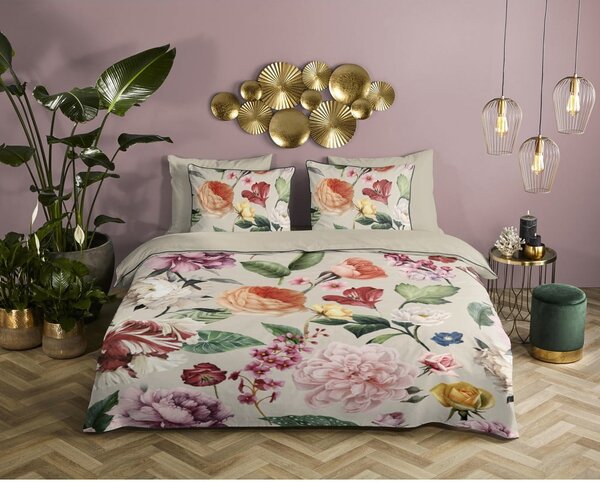 Set copripiumino e federa beige in raso di cotone per letto matrimoniale ed esteso 200x220 cm Fiori – Descanso