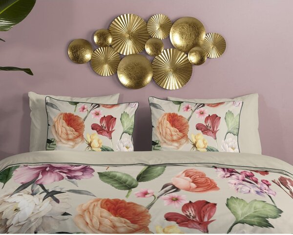 Set copripiumino e federa beige in raso di cotone per letto matrimoniale ed esteso 200x220 cm Fiori – Descanso