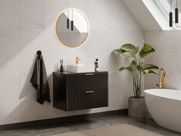 Mobile sotto lavabo sospeso con scanalature con piano di appoggio L80 cm Nero - ZEVARA