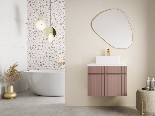 Mobile per bagno sospeso scanalato con lavabo da appoggio 60 cm Rosa - SATARA