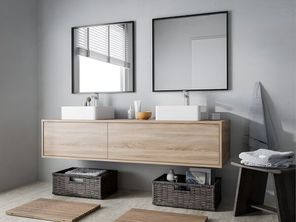 Mobile per bagno sospeso con lavabo quadrato doppio L150 cm Naturale chiaro - ISAURE II