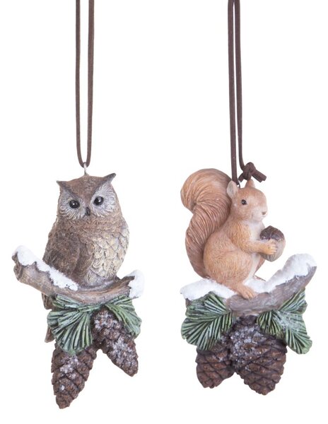 Set 4 Addobbi Natalizi Gufo Scoiattolo da Appendere 11 cm in Resina