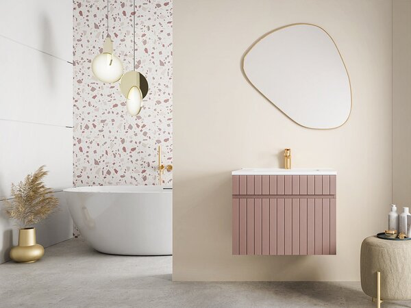 Mobile per bagno sospeso scanalato con lavabo da incasso 60 cm Rosa - SATARA