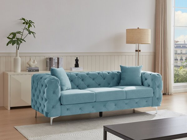Divano 3 posti Chesterfield in velluto azzurro pastello - EDWINA