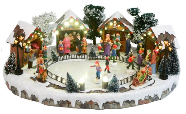 Villaggio Natalizio Laghetto Ghiacciano Luci Musica e Movimento 44,5 cm in Resina