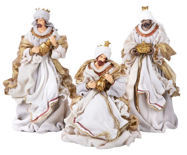 Set 3 Statuine Re Magi 36 cm in Tessuto e Resina Bianco e Oro