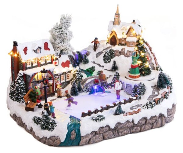 Villaggio Natalizio Pista Pattinaggio Luci Musica e Movimento 42 cm in Resina