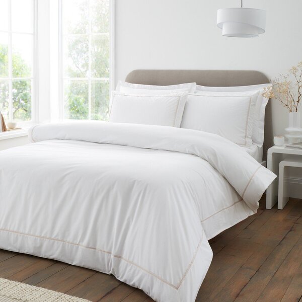 Set copripiumino e federa bianco/beige in percalle di cotone per letto matrimoniale 3 pezzi 200x200 cm Contrast Trim – Bianca