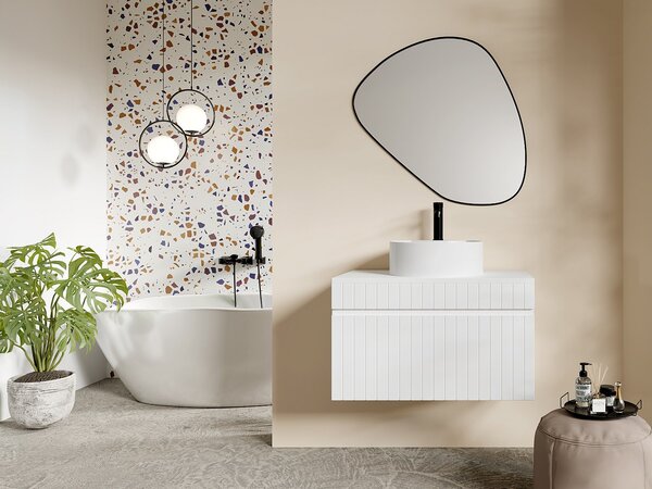Mobile sotto lavabo sospeso scanalato 80 cm Bianco con piano di appoggio - SATARA