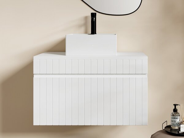 Mobile per bagno sospeso scanalato e lavabo quadrato da appoggio 80 cm Bianco - SATARA