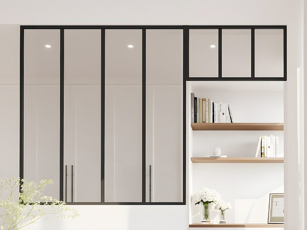 Vetrata atelier con sopraluce L120 x H130 + L73 x H40 cm in Alluminio termolaccato Nero - BAYVIEW
