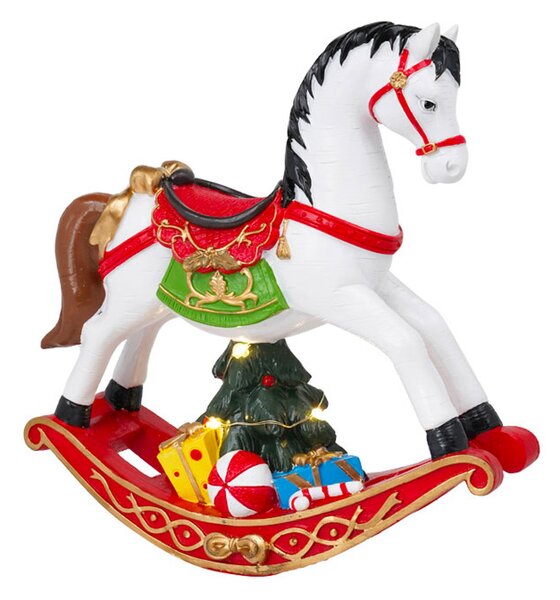 Cavallo a Dondolo Natalizio 20x8x21 cm in Resina con Luci Bianco