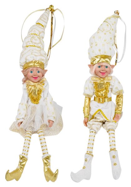 Pupazzo Elfo Natalizio H45 cm in Tessuto Bianco e Oro