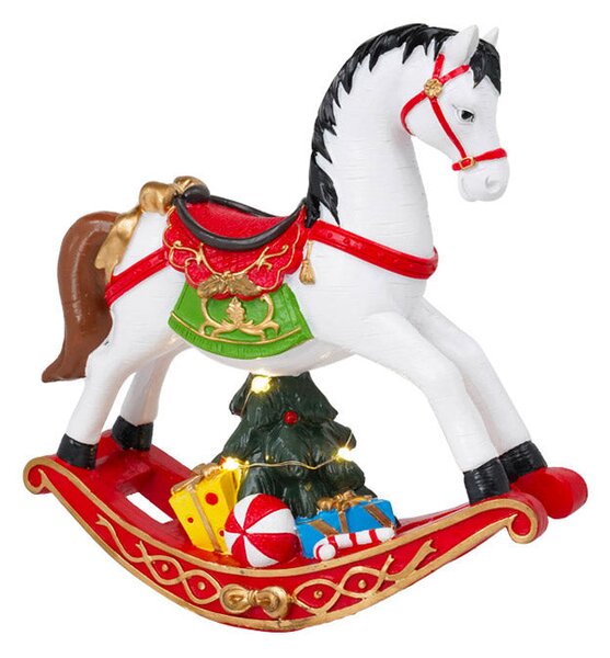 Cavallo a Dondolo Natalizio 20x8x21 cm in Resina con Luci Bianco