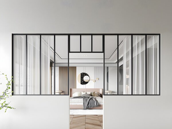 Vetrata atelier con sopraluce 2xL120xH130 + L73xH40cm in Alluminio termolaccato Nero - Lotto di 2 - BAYVIEW