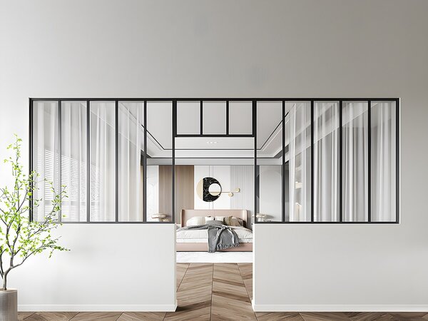Vetrata atelier con sopraluce 2xL150xH130 + L83xH40cm in Alluminio termolaccato Nero - Lotto di 2 - BAYVIEW