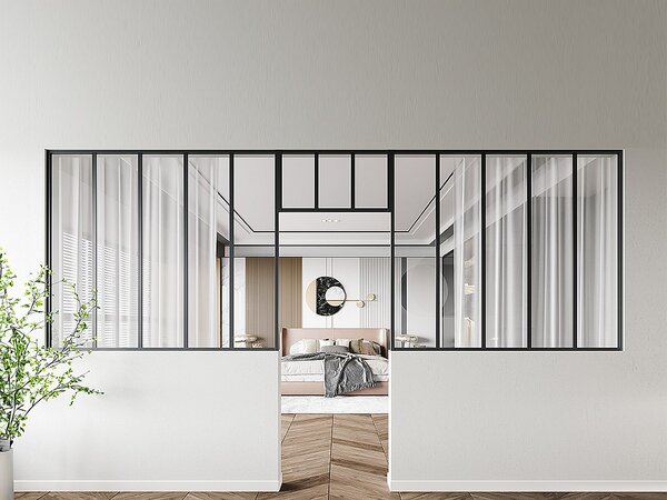 Vetrata atelier con sopraluce 2xL150xH130 + L73xH40cm in Alluminio termolaccato Nero - Lotto di 2 - BAYVIEW