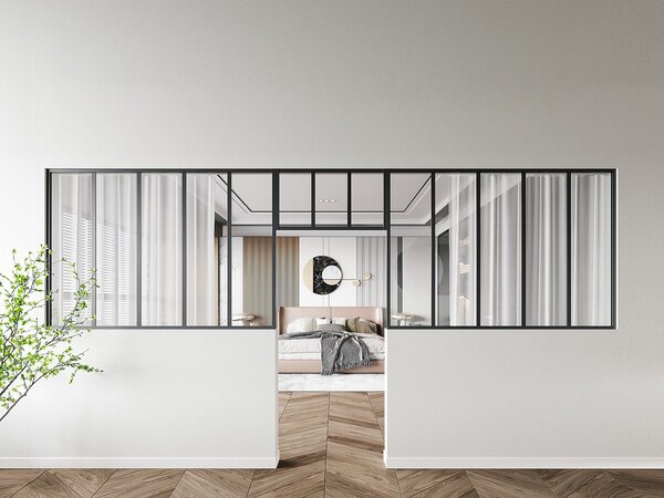 Vetrata atelier con sopraluce 2xL150xH105 + L73xH40cm in Alluminio termolaccato Nero - Lotto di 2 - BAYVIEW