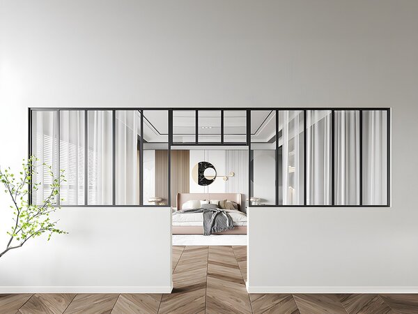 Vetrata atelier con sopraluce 2xL150xH105 + L83xH40cm in Alluminio termolaccato Nero - Lotto di 2 - BAYVIEW