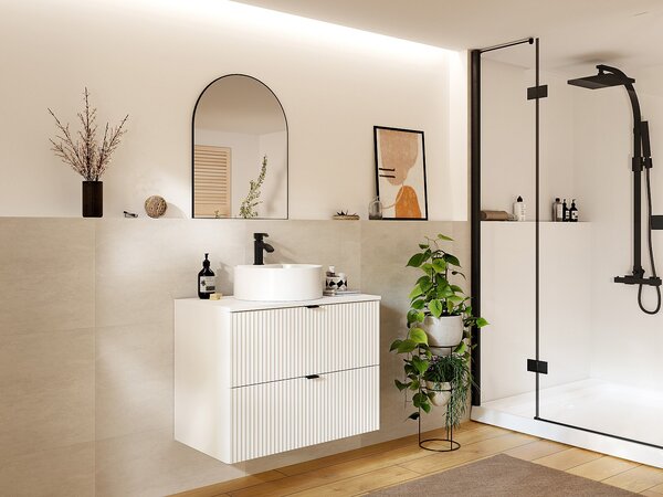 Mobile per bagno sospeso con scanalature e lavabo tondo da appoggio 80 cm Bianco opaco - ZEVINI