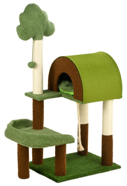 Albero Tiragraffi Tema Foresta 49x40x107 cm con Casetta Lettino e Pallina Verde